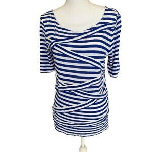 NY&C New York & Co Womens Top Sz Large Blue White Stripes Stretchy Short Sleeves